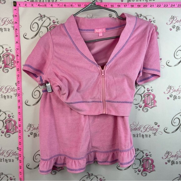 Sugar Thrillz Dresses & Skirts - Sugar Thrillz set 2 piece purple Pink Terry Zip Crop Top & Skirt Set mini skirt